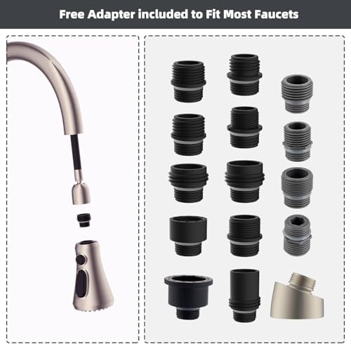 Hibbent Pull Down Spray Head for Kitchen Faucet, 3-Function Spray Nozzle with 15 Adapters, Sink Faucet Head Replacement Compatible with Moen, American Standard, Delta, Kohler Faucets, Brushed Nickel