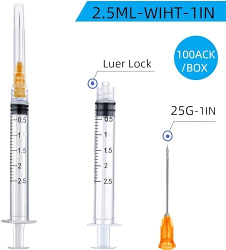 100 Pack Disposable 2.5ml/cc Lab Syringes with 25Ga 1 Inch Needle Luer Lock, Individually Sealed Packed