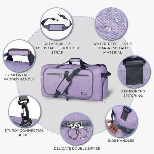 Fmeida 65L Duffle Bag with Shoes Compartment, Foldable Travel Duffel Bags for Men Women, Large Packable Travel Bag Water Repellent & Tear Resistant (Purple)