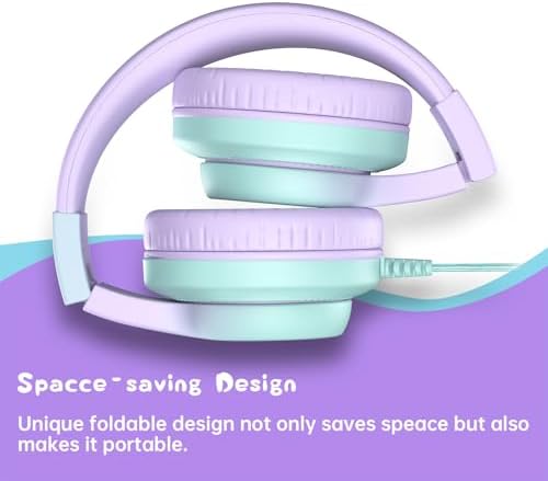 Kids Headphones, Wired Headphones for Kids Over Ear with Microphone, 85/94dB Volume Limiter Headphone for Girls Boys, Foldable Headphone for Learning & Entertainment,Gradient Purple