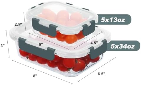 10 Pack Glass Food Storage Containers, Meal Prep Containers with Lids, Airtight Glass Lunch Boxes, Freezer, Oven, and Microwave Safe