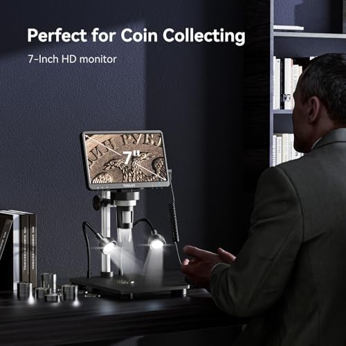 TOMLOV DM9B 7" Digital Microscope: 1080P 1200X Coin Microscope Magnifier, 12MP Ultra-Precise Focusing LCD Soldering Microscopes for Adults, PC View, 32GB, Black