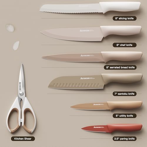 Astercook Knife Set, 13 Pieces Kitchen Knives Set with Healthy Anti-Rust Coating, Dishwasher Safe, Stainless Steel Chef Knife Sets with 6 Blade Guards, Perfect Holiday Gifts for Kitchen