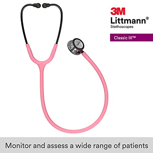 3M Littmann Classic III Monitoring Stethoscope, 5962, More Than+C19:C70 2X as Loud, Weighs Less, Stainless Steel Mirror-Finish Chestpiece, 27" Pearl Pink Tube, Pink Stem, and Smoke Headset
