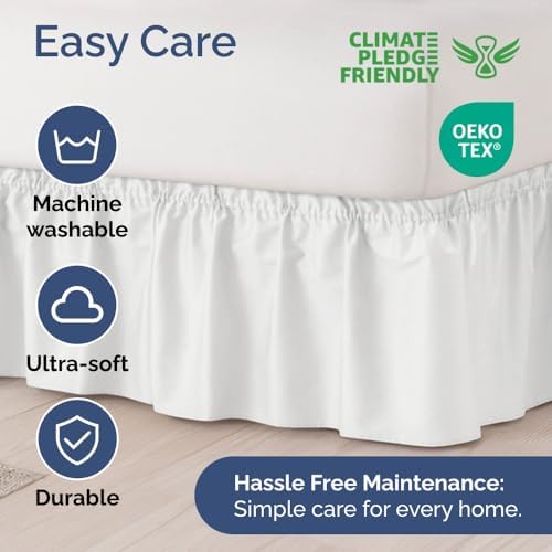 Wrap Around Dust Ruffle Bed Skirt - White - for Queen Size Beds with 15 Inch Drop - Easy Fit Elastic Strap - Adjustable Pleated Bedskirt w/Brushed Fabric - Wrinkle Free - for Women, Men, Kids & Teens