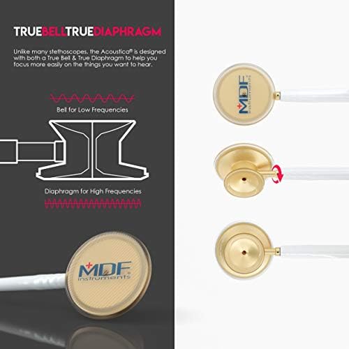 MDF Instruments, Acoustica Lightweight Stethoscope for Doctors, Nurses, Students, Home Health Use, Adult, Dual Head, White Tube, Gold Chestpiece-Headset, MDF747XPK29
