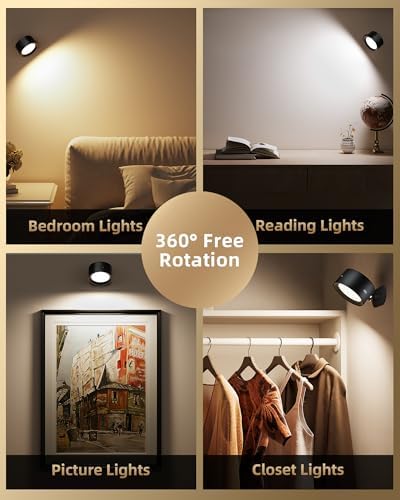 LED Wall Mounted Lights, Rechargeable Wall Sconces Lamp, 3 Color Temps & Remote and Touch, 360°Rotation Dimmable Cordless Wall Light for Study Bedroom Reading Bedside(Black, 2 Pack)