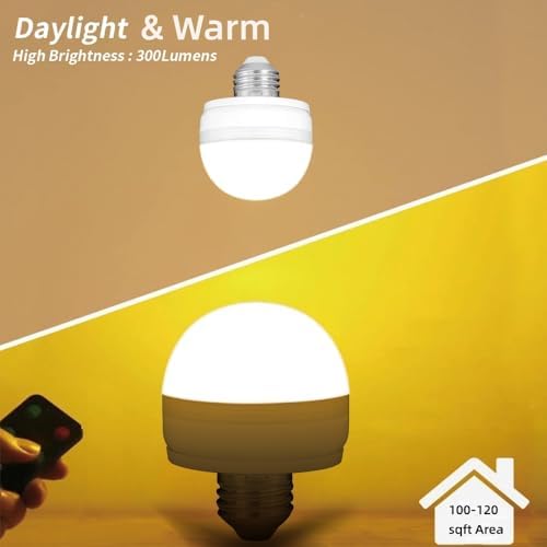 BLUEYE Rechargeable Battery Operated Light Bulb,2Packs,300LM,40W Equivalent,E26 Detachable Charging(E12 available),4 Color Temperature,Remote Control Puck Emergency Lamp,Timer,Dimmer,For Non-Hardwired