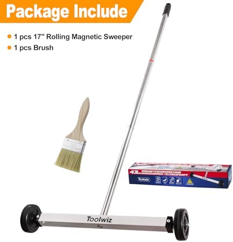 Toolwiz Magnetic Pick Up Sweeper 17-inch Heavy Duty Magnet Pickup Lawn Sweeper Roofing Tools, 8.8 Lbs Yard Magnet with Telescoping Holder and Wheels to Pick Up Nails Magnetic Sweeper for Construction