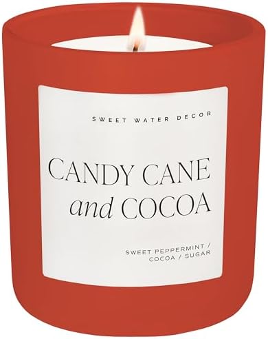 Sweet Water Decor Candy Cane and Cocoa Christmas Scented Candles - Christmas Stocking Stuffers Soy Candles Vanilla Scent - Christmas Candles with 70 Hours Burn Time - 15Oz Red Matte Jar Wax Candles
