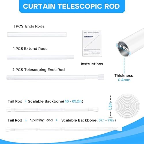 AIZESI Spring Tension Rods Adjustable Tension Curtain Rod Small Tension Rod No Drilling Expandable Spring Loaded Curtain Tension Rod?White,45" to 77"-1Pcs)