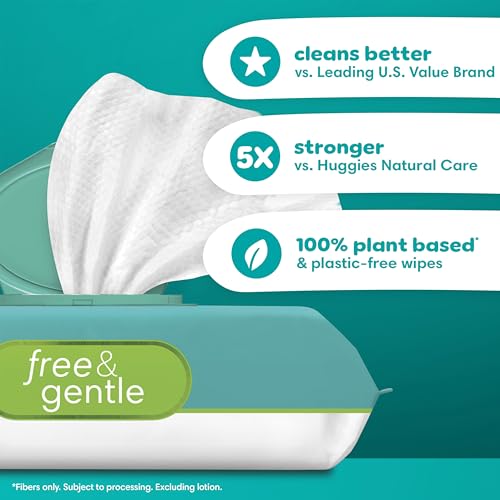 Pampers Baby Wipes, Free & Gentle, Hypoallergenic and Unscented Wipe, 100% Plant Based, Plastic-Free for Babies, 936 Total (12 Flip-Top Packs)