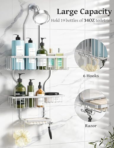 YASONIC Shower Caddy Hanging - Never Rust Shower Organizer - Aluminum Over The Head Caddy with 10 Hooks for Razor/Sponge - Rack with Soap Basket - Silver