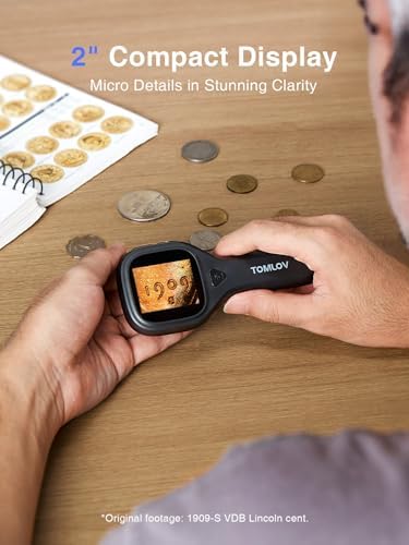 TOMLOV P10 Evo Handheld Close-Up Microscope: 20X Digital Coin Microscope for Adults Kids, LED Lighted Magnifier with 2" IPS Screen, Battery, Jewelers Loupe Compatible with Windows/macOS, Black