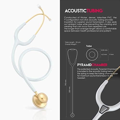MDF Instruments, Acoustica Lightweight Stethoscope for Doctors, Nurses, Students, Home Health Use, Adult, Dual Head, White Tube, Gold Chestpiece-Headset, MDF747XPK29