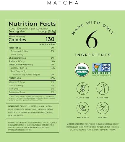 Truvani Vegan Pea Protein Powder | Matcha | 20g Organic Plant Based Protein | 10 Servings | Keto | Gluten & Dairy Free | Low Carb | No Added Sugar