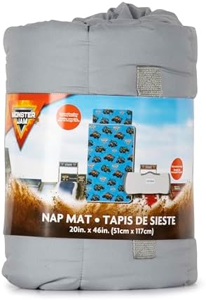 Jay Franco Toddler Nap Mat with Built-in Pillow and Blanket - Soft 46 x 20-inch Microfiber Kids Sleeping Bag for School or Sleepover, Blue - Monster Jam
