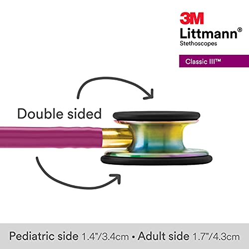 3M Littmann Classic III Monitoring Stethoscope, 5806, More Than 2X as Loud, Weighs Less, Stainless Steel Rainbow-Finish Chestpiece, 27" Raspberry Tube, Brass Stem and Headset