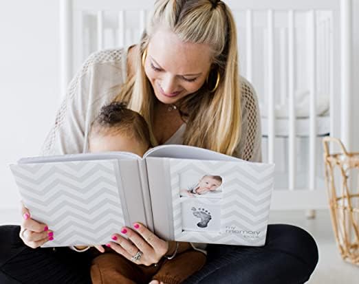 Pearhead First 5 Years Chevron Baby Memory Book, Clean-Touch Safe Ink Pad for Baby’s Handprint or Footprint, Gender Neutral Milestone And Pregnancy Gray
