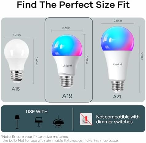 Linkind Color Changing Smart WiFi Light Bulbs, Work with Alexa & Google Home, A19 E26 Dimmable RGBTW Bulbs, No Hub Needed, 800 Lumen, 2.4Ghz WiFi, 6 Pack
