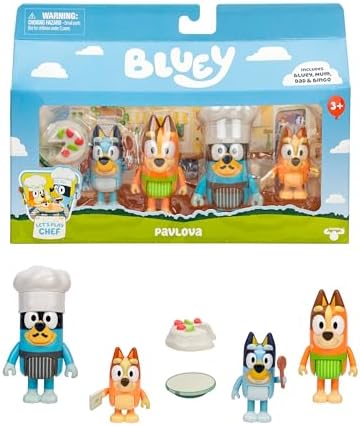 Bluey 4-Pack Toy Figure Playset, Let’s Play Chef Pavlova Toddler Figurine Toys Set with Chef Accessories, Poseable Figurines for Kids Ages 3-5