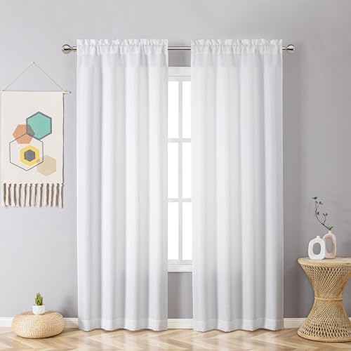 Chyhomenyc White Curtains 84 Inch Length 2 Panels Set, Faux Linen Textured Semi Light Filtering Soft Airy Farmhouse Curtain Drapes for Living Room Bedroom, Cortinas para Sala, 40Wx84L