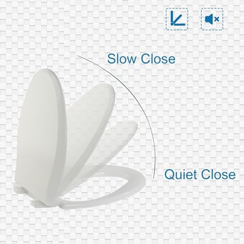 Elongated Toilet Seat Slow Close, Quiet Toilet Seat Cover with Never Loosen Durable Toilet Seat Lid Easy to Install & Clean, Polypropylene (PP), White