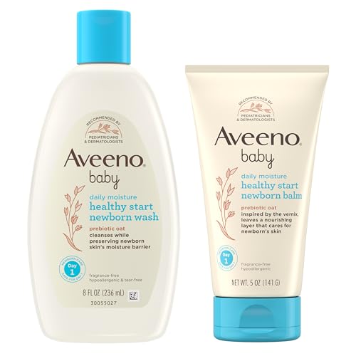 Bundle of Aveeno Baby Healthy Start Newborn Wash, Hypoallergenic Baby Body Wash with Prebiotic Oat, Fragrance-Free, 8 fl. oz + Newborn Balm, Baby Skin Balm with Prebiotic Oat , Fragrance-Free, 5 oz