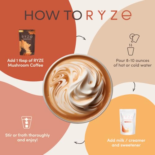 RYZE SUPERFOODS Mushroom Coffee USDA Organic with 6 Adaptogenic Mushrooms and MCT Oil, USA Grown Instant Coffee for Better Energy, Focus, Digestion, Immunity with Lions Mane & Turkey Tail, 30 servings