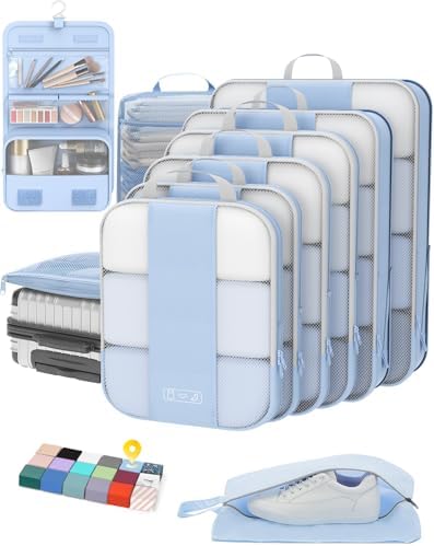 10 Set Compression Packing Cubes for Travel Essentials,Compressible Expandable Packing Cubes for Suitcase,OlarHike Luggage Organizer Bags for Travel,Handy Helper for Organizing Clothes(Light Blue)