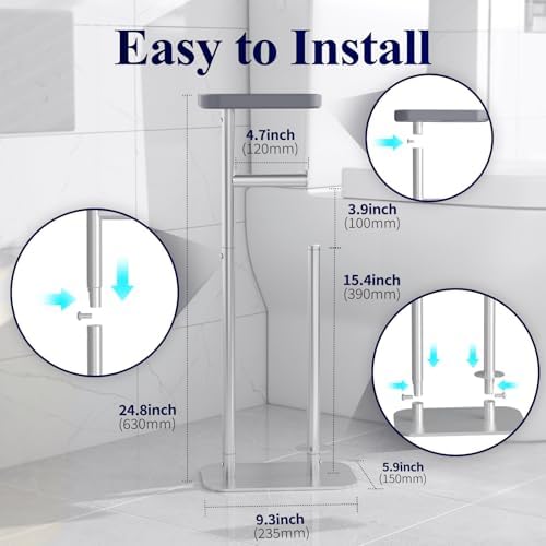 Kitsure Toilet Paper Holder Free Standing – Rustproof Metal Toilet Paper Stand for 4 Rolls with Anti-Slip Base and Shelf for Phone & Small Items, Bathroom Organizers and Storage, Large, Silver