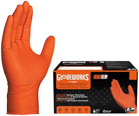 GLOVEWORKS Heavy-Duty Nitrile Gloves, Disposable, Latex Free, 8 Mil, Orange, Diamond Grip Glove
