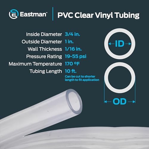 Eastman 3/4 Inch ID (1 Inch OD) PVC Clear Vinyl Tubing, 10 Foot Length, 98624