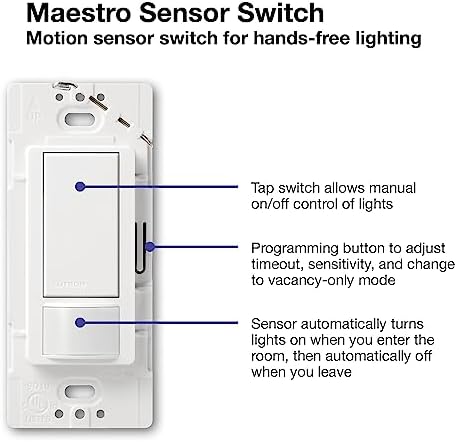 Lutron Maestro Motion Sensor Light Switch Indoor for Bathroom, Garage, Laundry Room, Any Bulbs, Occupancy Vacancy Sensor, Single-Pole, MS-OPS2-WH, White