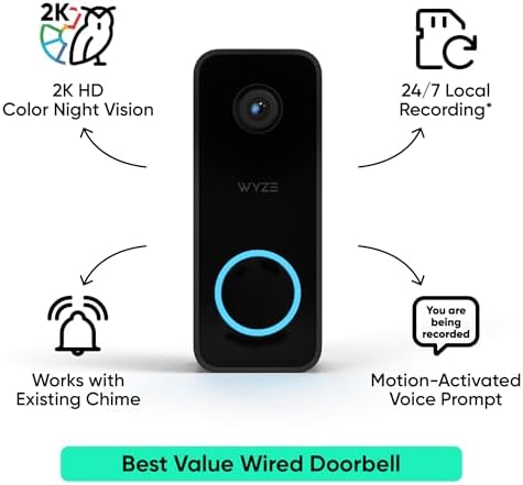 WYZE Doorbell Camera v2, 2K Security Video Doorbell with Color Night Vision, 2-Way Audio, 24/7 Video Recording*, Package Monitor, Works with Alexa & Google Assistant, Wired. Free Expert Setup