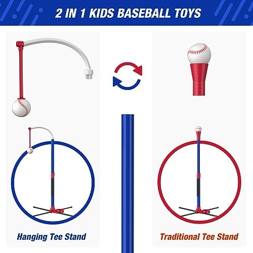 3-in-1 Baseball Set for Kids 3-5 - Tee Ball Stand, Hanging Tee, Ball Launcher and 6 Softballs - Adjustable Height, Indoor/Outdoor Sport Gifts for Boys, Blue