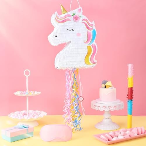 WERNNSAI Foldable Unicorn Piñata - Pull String Unicorn Birthday Party Supplies Extendable Unicorn with Blindfold Bat and Tassels Unicorn Birthday Party Decoration Games Folding Piñatas for Kids