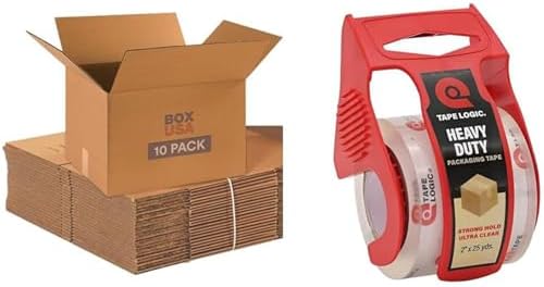 BOX USA Moving Boxes Medium 18"L x 14"W x 12"H (10-Pack) & Heavy Duty 2in x 25yd Clear Packaging Tape with Dispenser | For Shipping, Mailing, Packing, Packaging and Storage