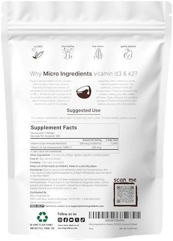Micro Ingredients Vitamin D3 10,000 IU + K2 MK-7 200 mcg, 300 Softgels | Virgin Coconut Oil | 2-in-1 Bone, Immune & Heart Support | Easy to Swallow, Non-GMO