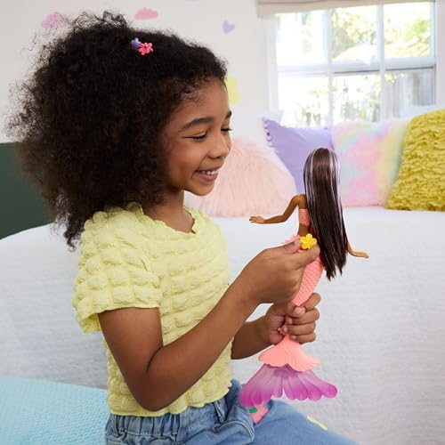 Barbie Mermaid Toy Dolls with Surprise Magic Blooming Flowers Feature, Ombre Tails, Pearl Headband Accessory & Long Brown Hair with Purple Highlights