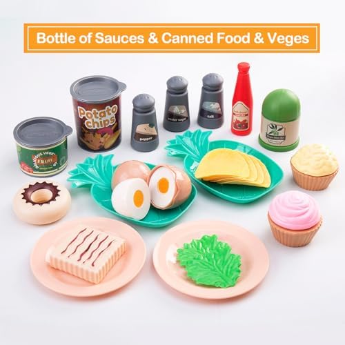 80pcs Pretend Play Kitchen Set for Toddlers, Kids Cookware Playset with Pots/Pans/Food/Fruits/Vegetables/Picnic Blanket/Storage Basket, Pink Educational Learning Toy Gift for Boys & Girls