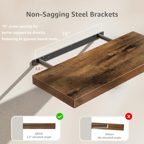 QEEIG Floating Shelves Wall Shelf 24 inches Long Farmhouse Bathroom Decor Bedroom Kitchen Living Room Wall Mounted 24 x 9 inch Set of 2, Rustic Brown (008-60BN)