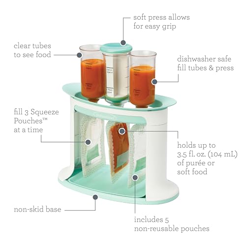 Infantino Squeeze Station, Baby Food Maker & Pouch Filler, Fill 3 Reusable Pouches at Once, Easy to Use, Dishwasher Safe, Homemade Baby Food Prep Essential, Teal