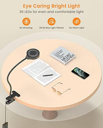 Glocusent 5W Clip on Light, 36LED Eye Caring Reading Light for Bed, 3 Colors & 5 Brightness Clip on Lamp with Adapter, Perfect Reading Light for Bed with Clamp/Bunk Bed/Headboard/Table/Desk