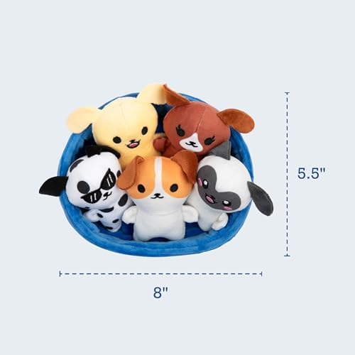 WHAT DO YOU MEME? Emotional Support Puppies by Relatable, Cuddly Stuffed Animals, Plushies, and Cute Stuff, Great Gift Ideas for Loved Ones of All Ages, Includes 5 Plushies with Carrying Basket