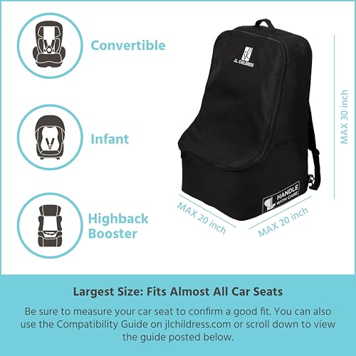 J.L. Childress Padded Backpack Car Seat Bag - Travel Bag for Airplane, Fits Most Baby & Infant Car Seats, Boosters, & Carriers, Accessories for Gate or Baggage Check, AirTag Compatible - Deluxe, Black