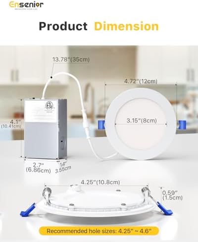 Ensenior 12 Pack 4 Inch LED Recessed Ceiling Light, Dimmable, 2700K-5000K 5CCT, 750LM 9W 120V, High Brightness Canless Wafer Downlight - ETL&FCC&IC