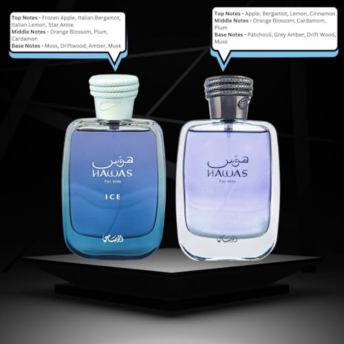 RASASI Hawas & Hawas Ice - For Him EDP Sprays 100ML (3.4 OZ) Long Lasting, Refreshing, Aquatic, Luxurious Masculine Scents. (Value Pack)