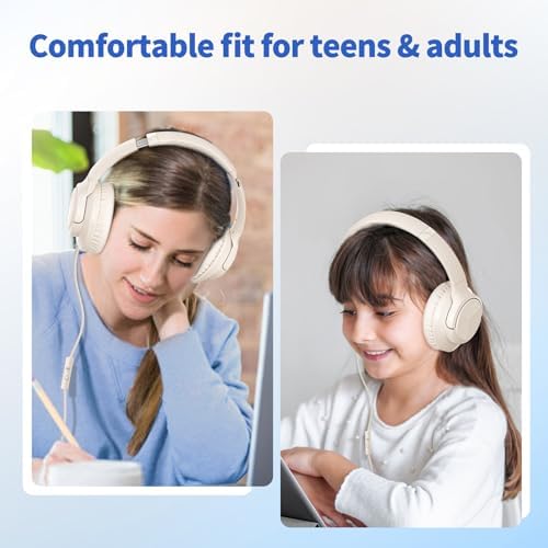 Headphones Wired with Microphone, Over Ear Foldable 3.5mm Plug in Headphones Corded with 4.9ft Tangle-Free Nylon Cord for Tablet, Laptop, MP3/4, School, Airplane Travel (Beige)