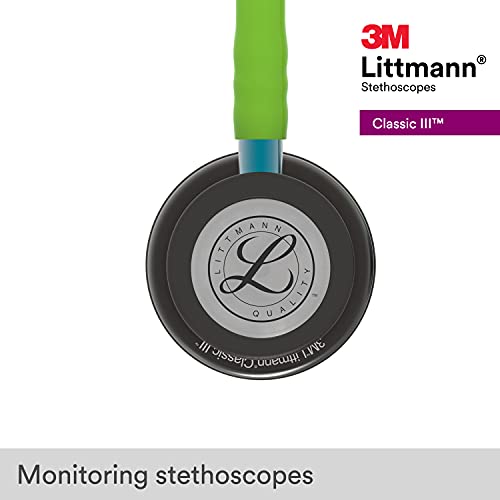 3M Littmann Classic III Monitoring Stethoscope, 5875, More Than 2X as Loud, Weighs Less, Stainless Steel Smoke-Finish Chestpiece, 27" Lime Green Tube, Blue Stem, and Smoke Headset
